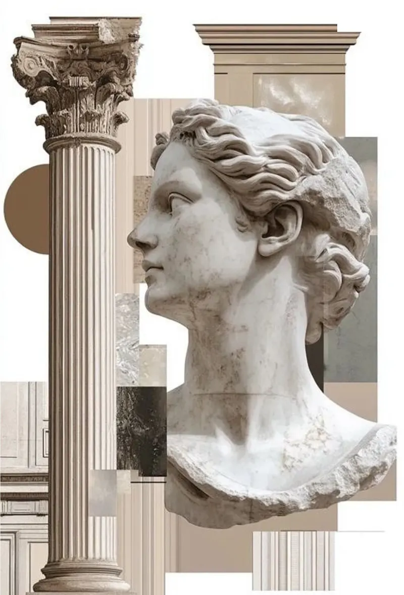 Colagem com busto grego de mármore e colunas clássicas em tons de bege