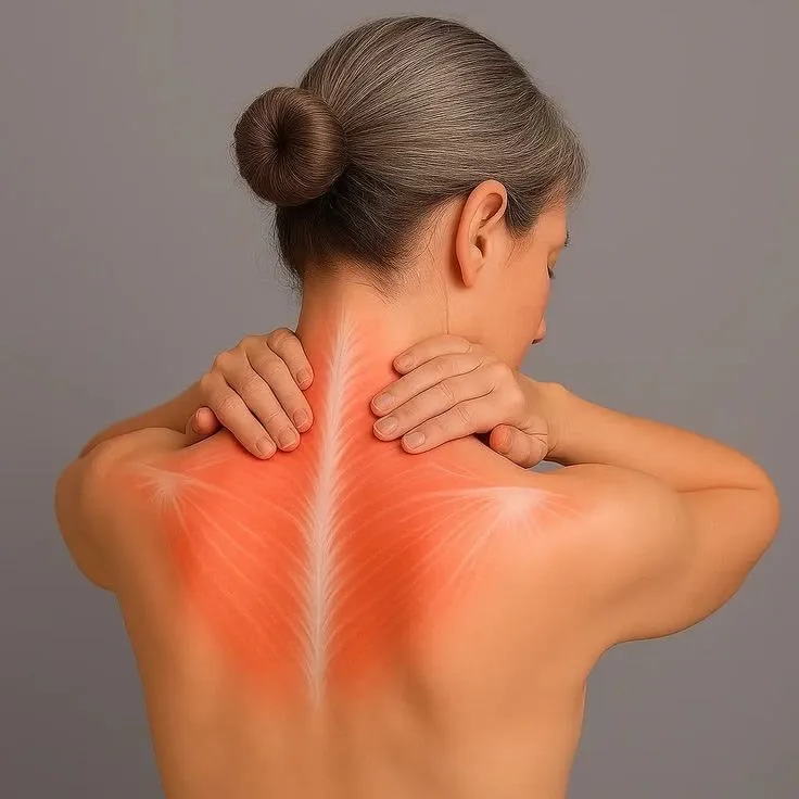 mulher de costas com musculatura das costas marcada, indicando tensão e dor