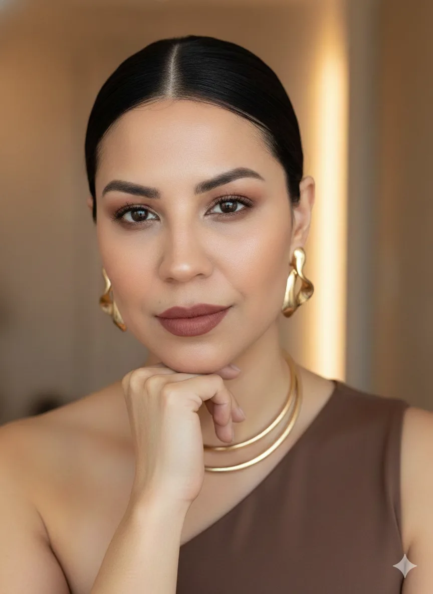 Luine Roza de roupa marrom, cabelos presos e apoiando uma mão sobre o queixo