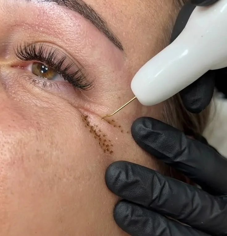 caneta de plasma próxima aos pés de galinha de um rosto feminino