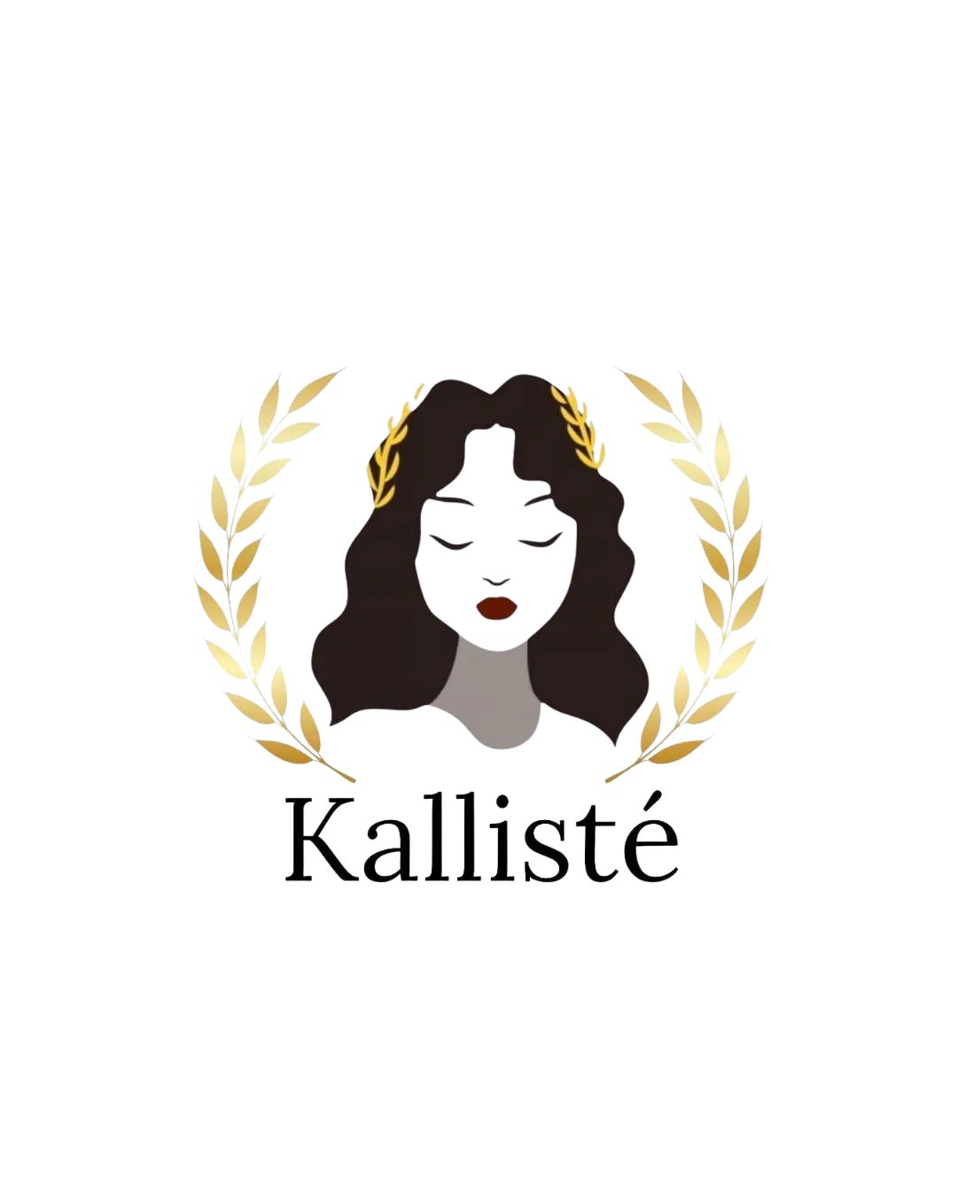 logo da kallisté, com uma mulher de cabelos pretos ao redor de folhas de louro