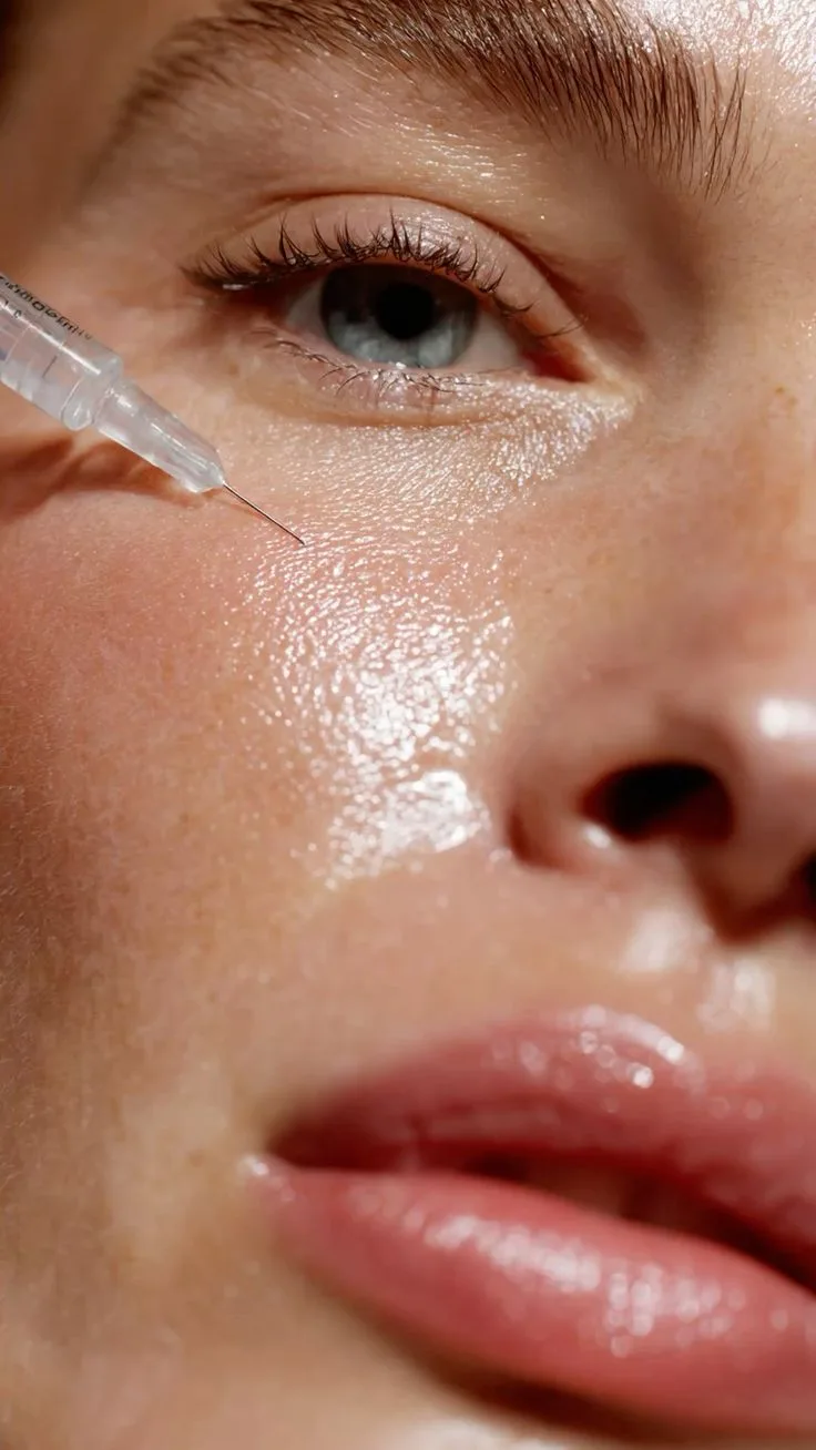 mulher com seringa próxima ao rosto, expressão serena
